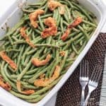 Pan of homemade gluten free green bean casserole from scratch