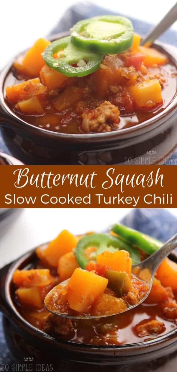 Spice up your dinner with this butternut squash paleo turkey chili crockpot recipe! It's a comforting dish that's easy to make in an Instant Pot. #paleo #paleochili #crockpot #instantpot #butternutsquash | SoSimpleIdeas.com
