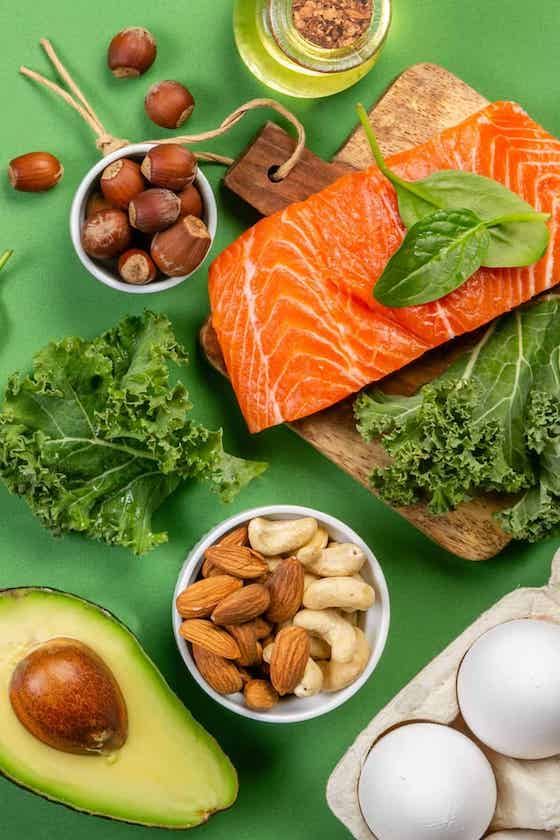 keto diet food on green table