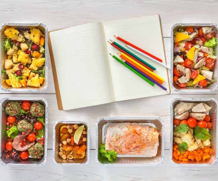 meal prep planner with premade foods in containers