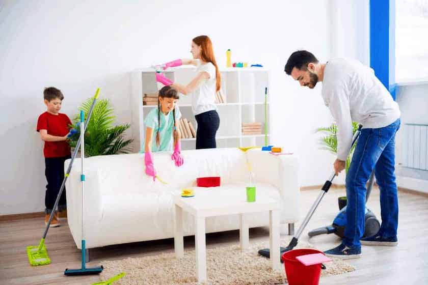 family house cleaning together