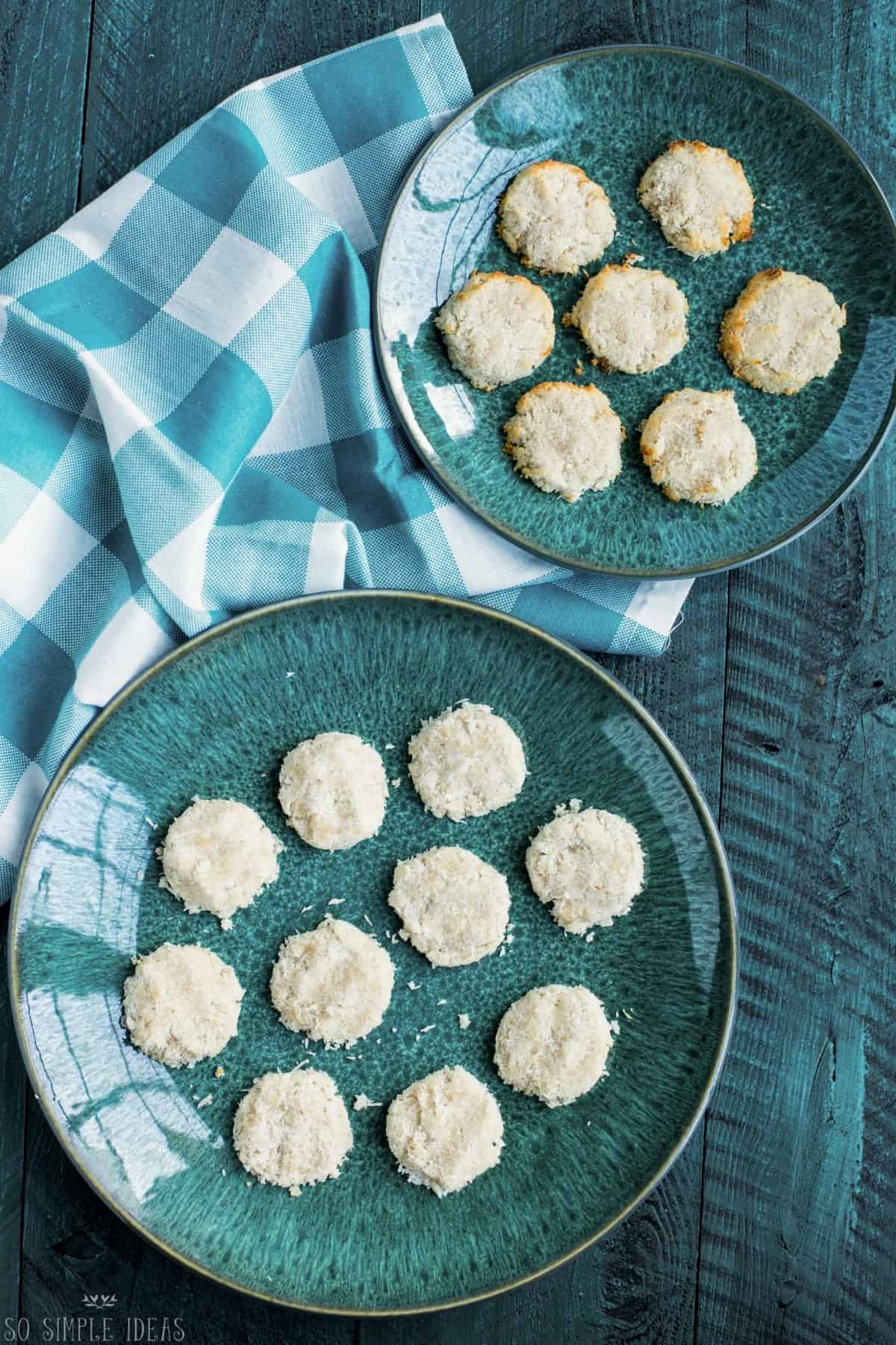 no bake and baked keto coconut cookies on green plates