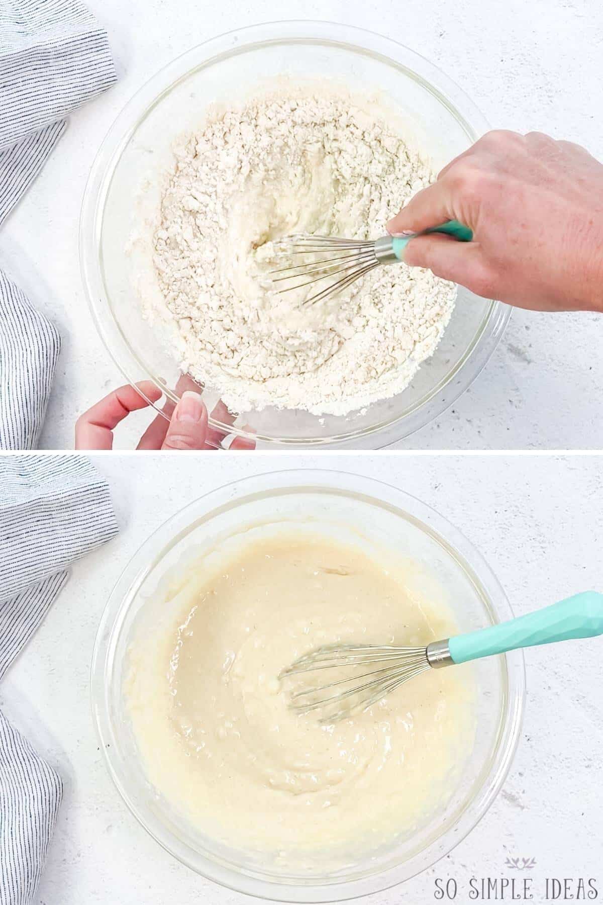 whisking ingredients in large bowl to make batter