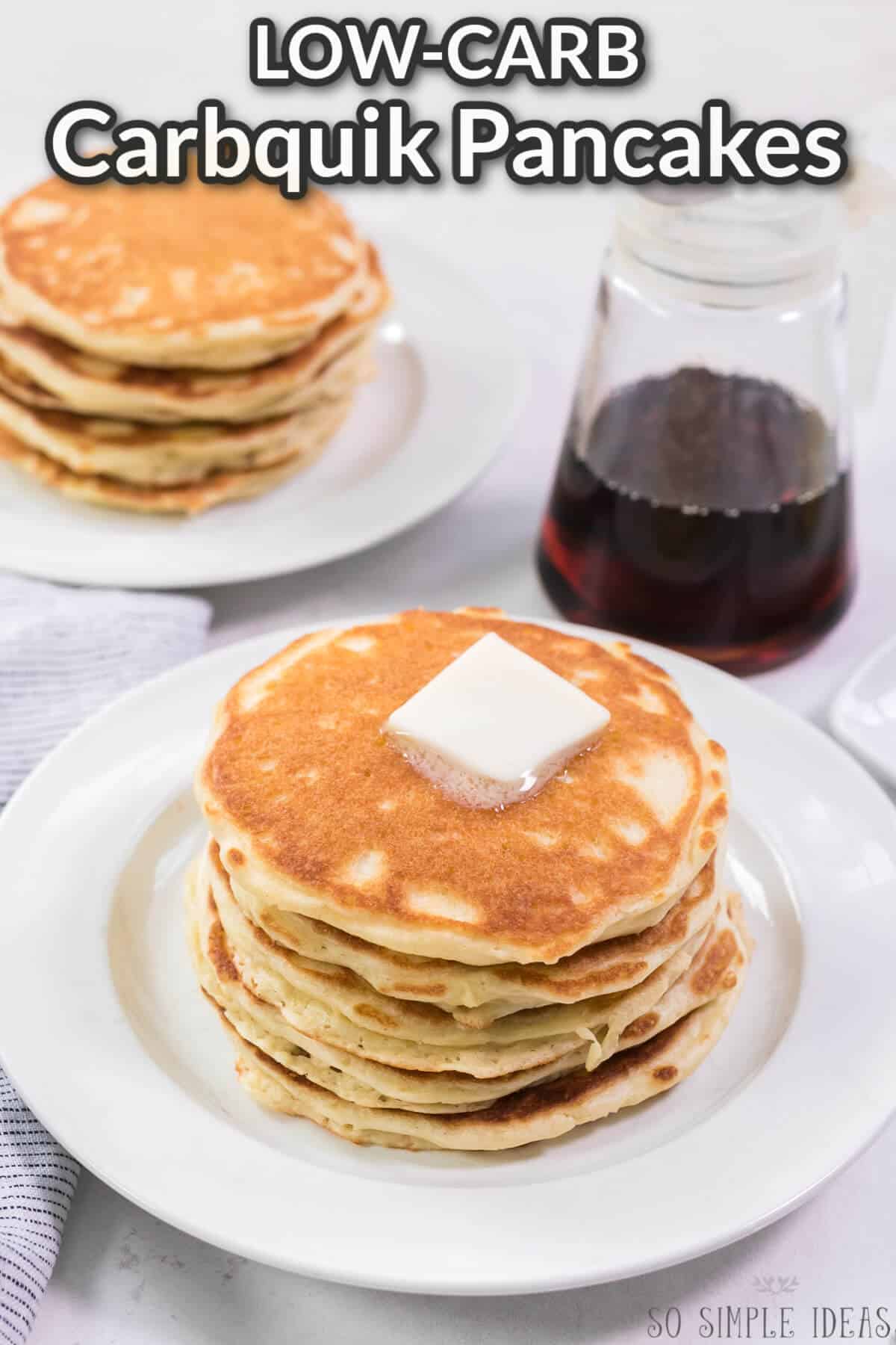 low-carb carbquik pancakes on white plates with syrup in container