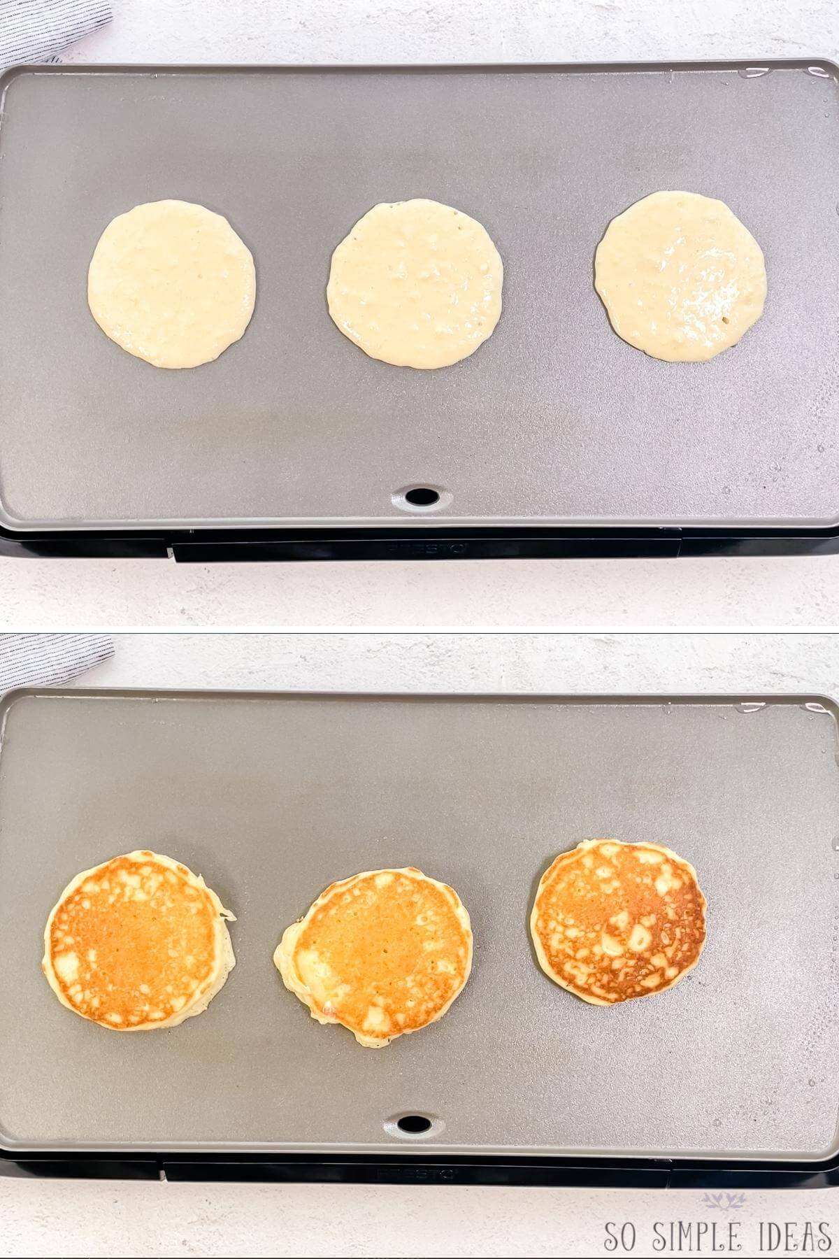 cooking the pancake batter on hot griddle