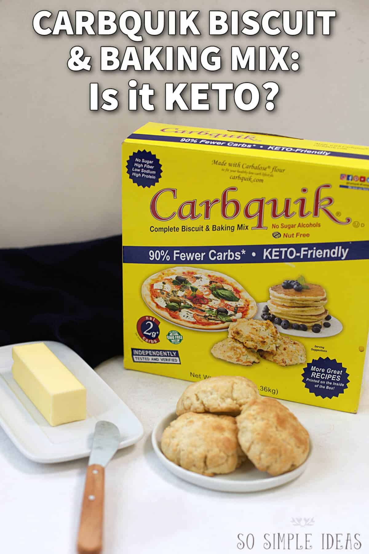 Box and biscuits with text overlay is Carbquik keto