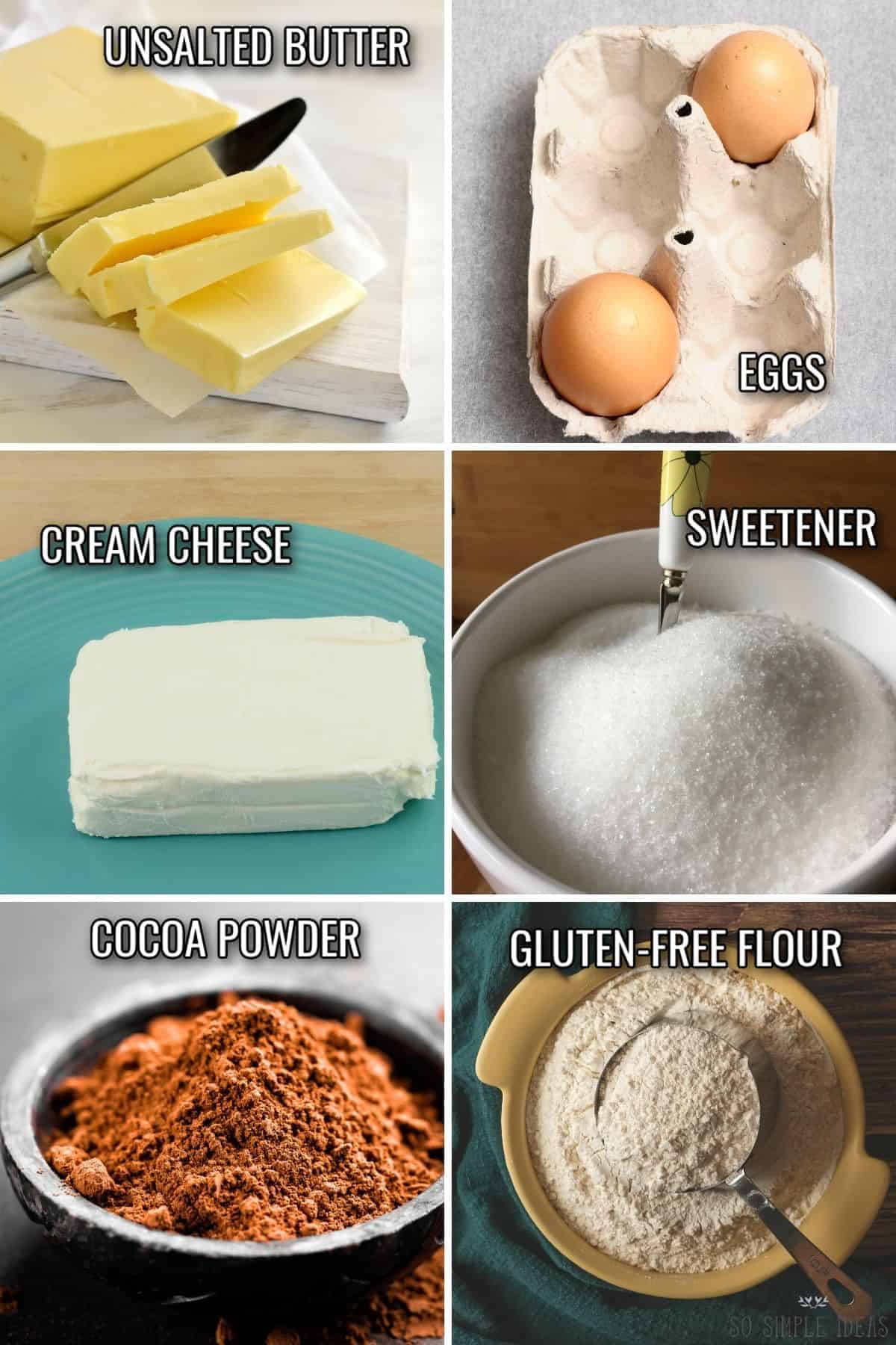ingredients for gluten free cheesecake brownies.