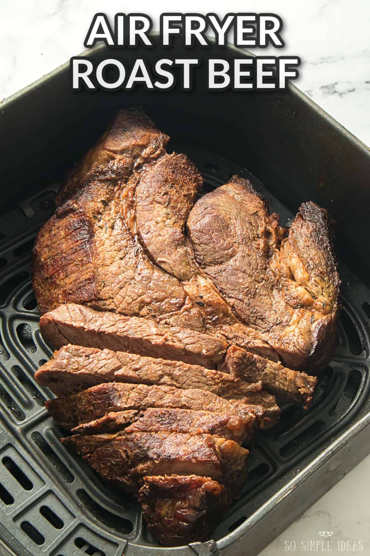 air fryer roast beef with text overlay.