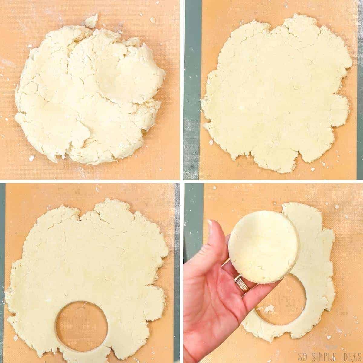 rolling and cutting the dough into biscuits.