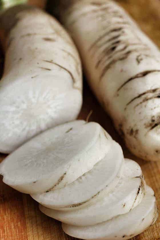 sliced daikon radish.