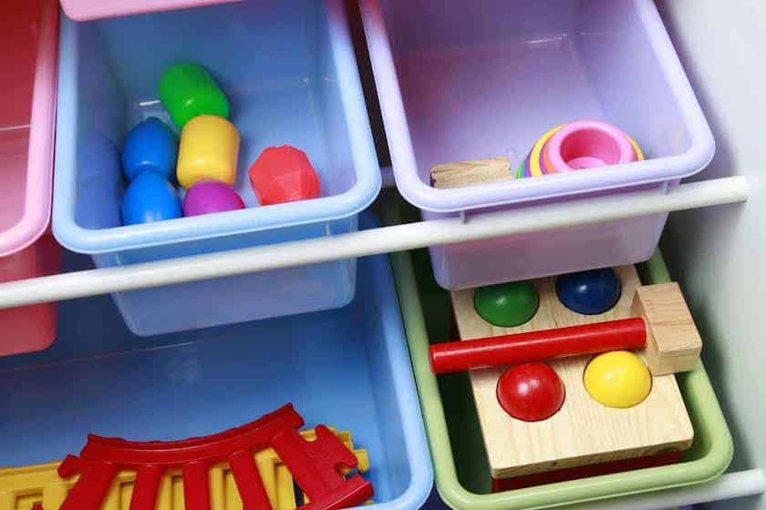 toys in plastic bin.