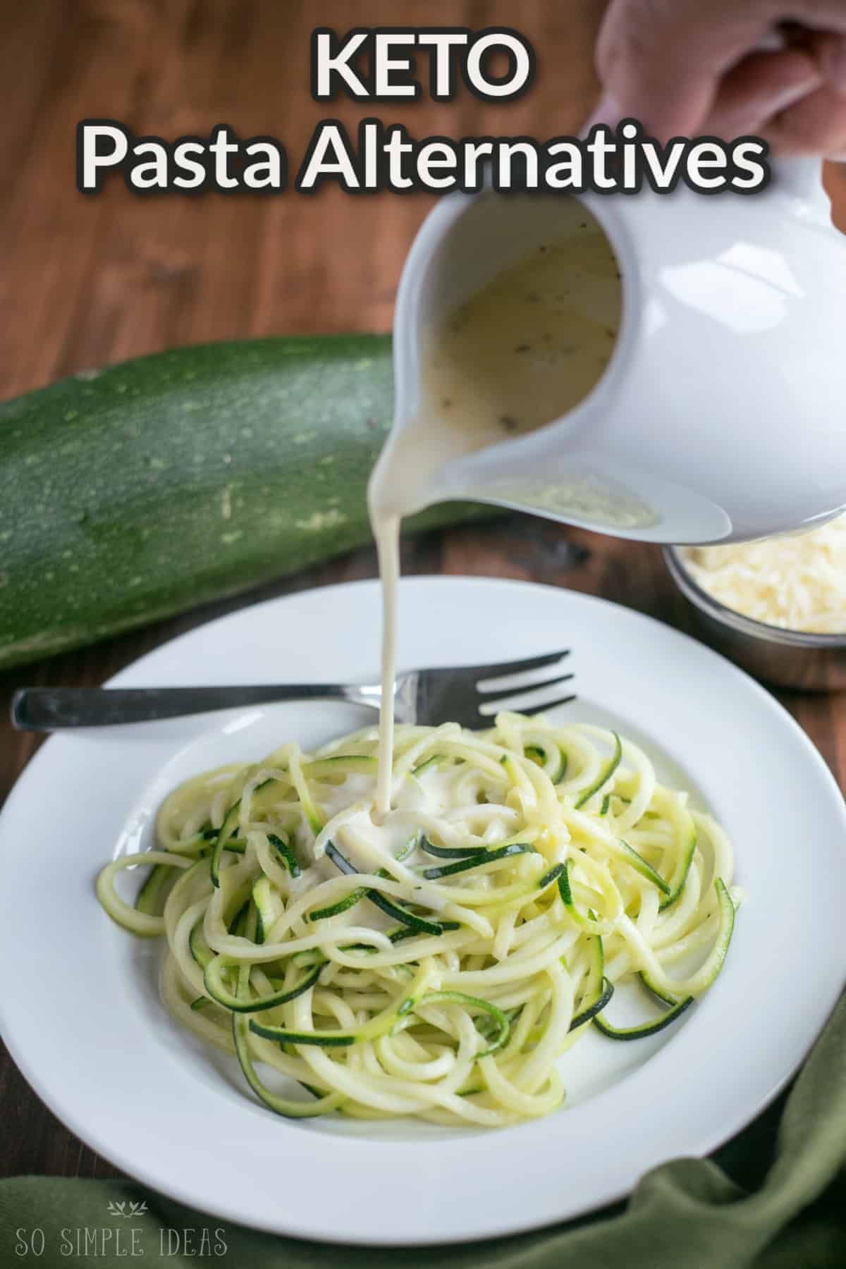 keto pasta alternatives text overlay over zoodles