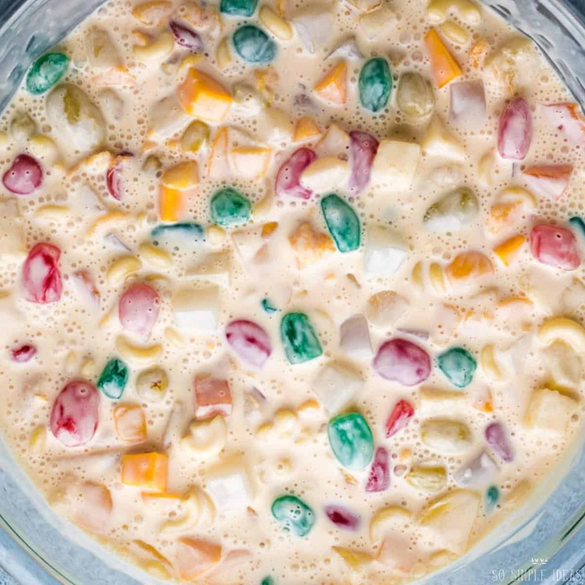 macaroni fruit salad in large glass bowl.