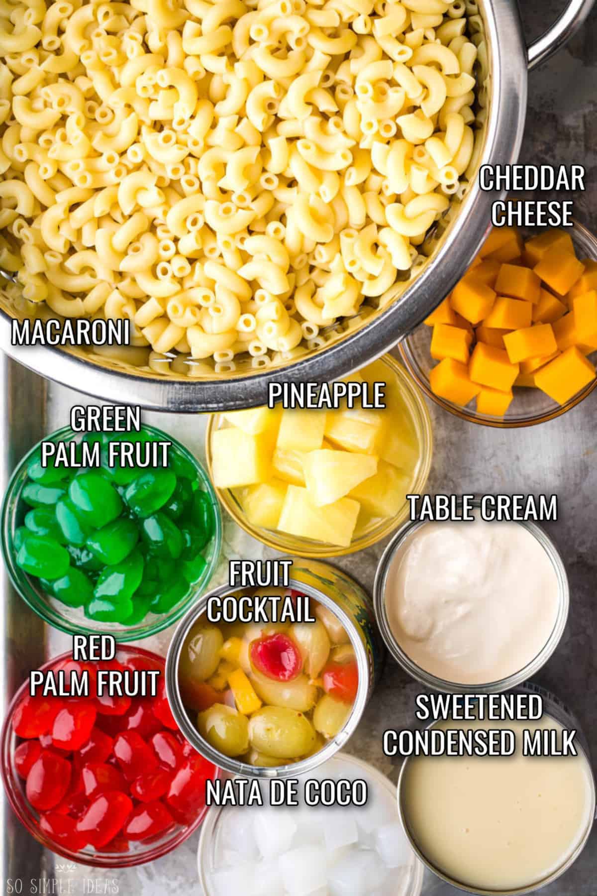ingredients for macaroni fruit salad.