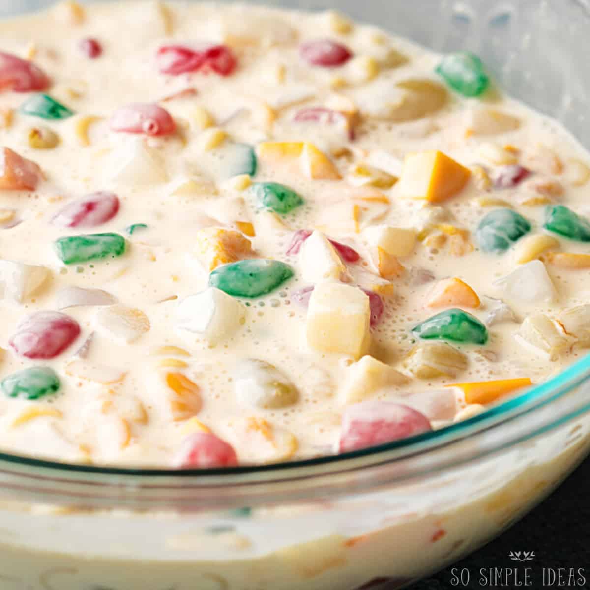 macaroni fruit salad in large glass bowl.