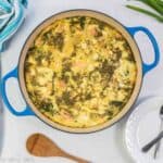 salmon frittata in round casserole.