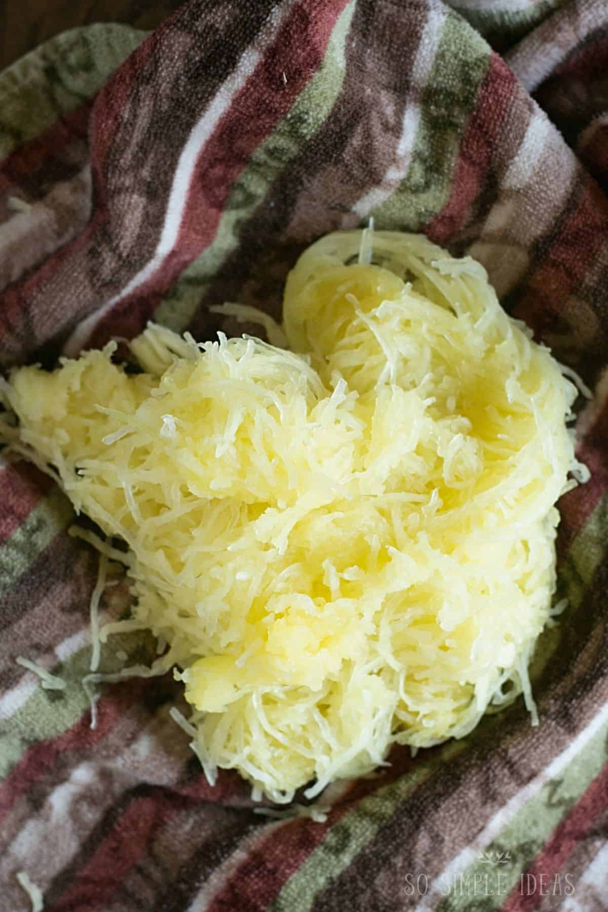 spaghetti squash noodles on towel.