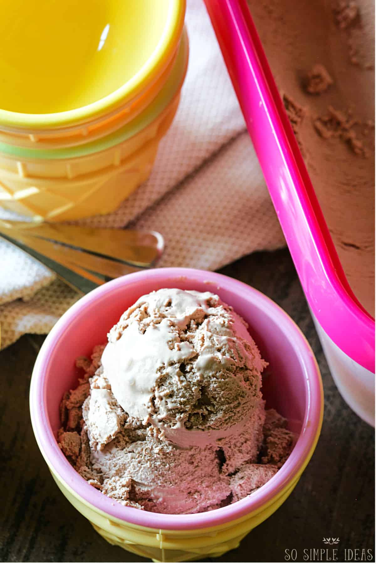 chocolate cheesecake ice cream scooped into small bowl.