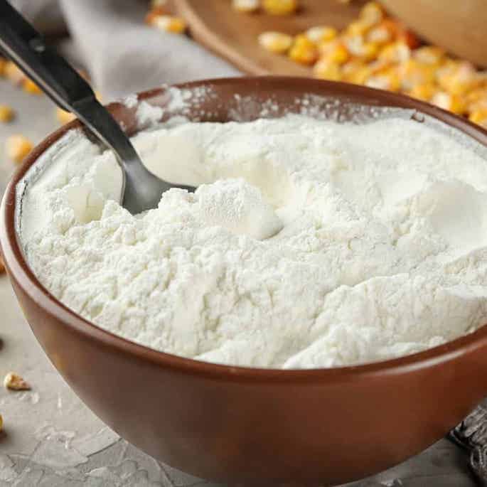 cornstarch in wooden bowl.