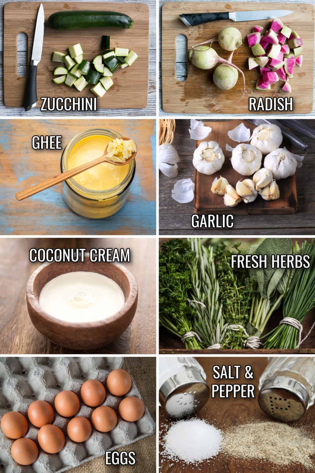ingredients for the crustless zucchini quiche recipe.