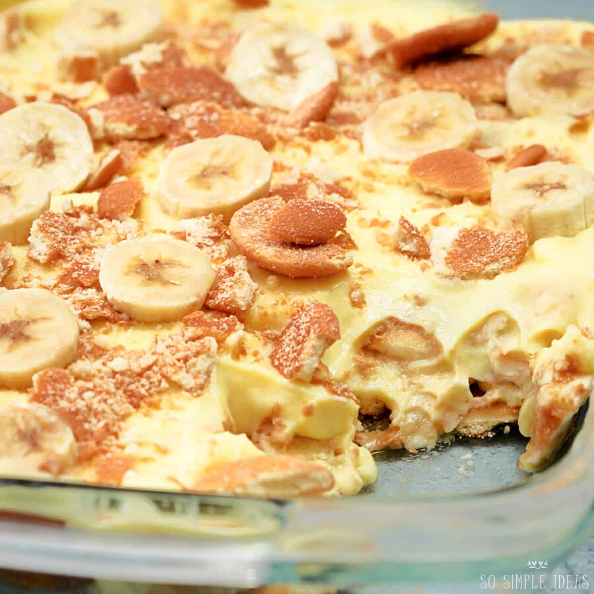 3 ingredient banana pudding with scoop missing.