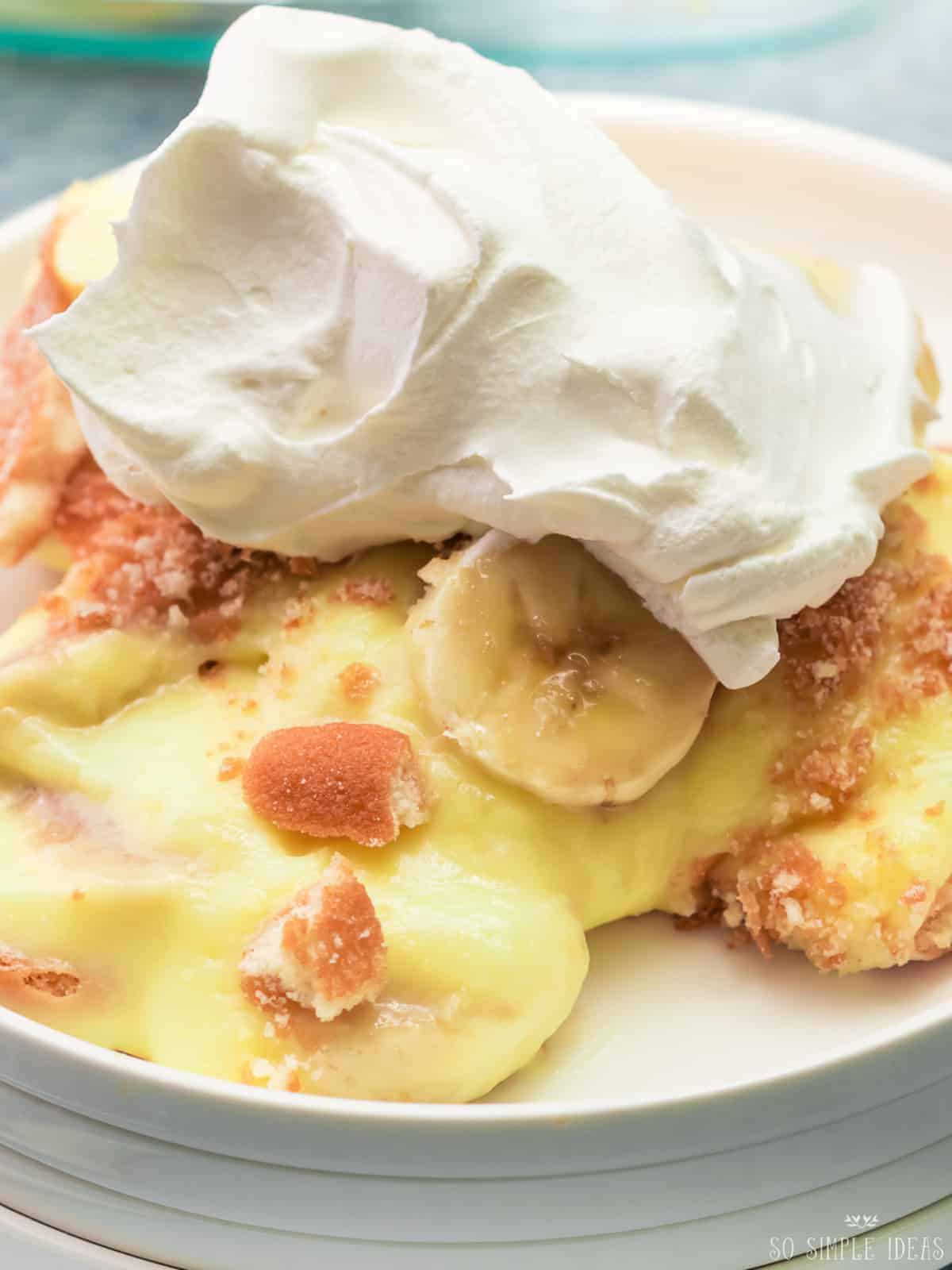 banana pudding on small rimmed white plate.