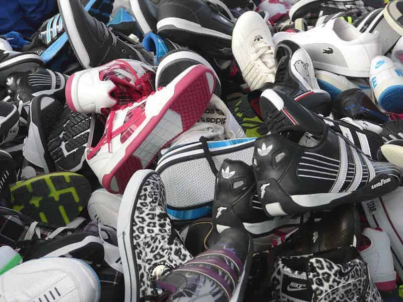 cluttered athletic shoes.