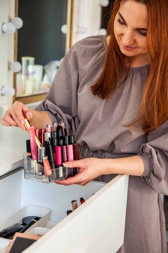 makeup storage in drawer.