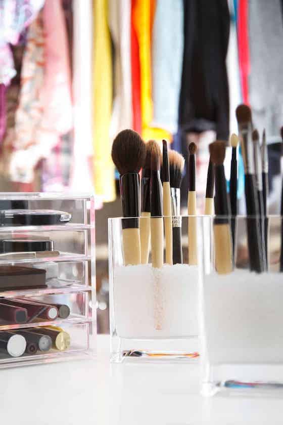 makeup storage in closet.