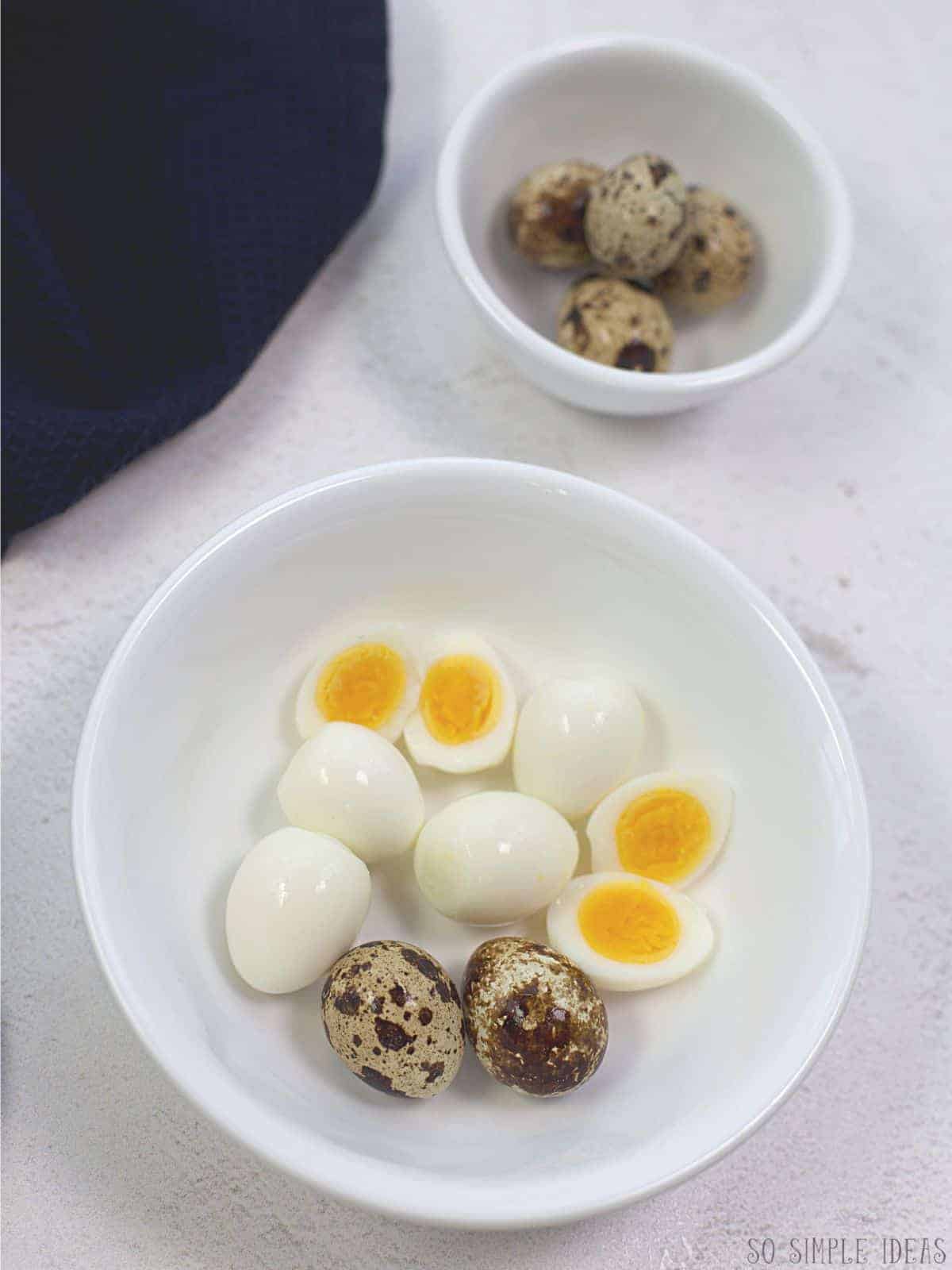 quail eggs hard boiled in two small white bowls.