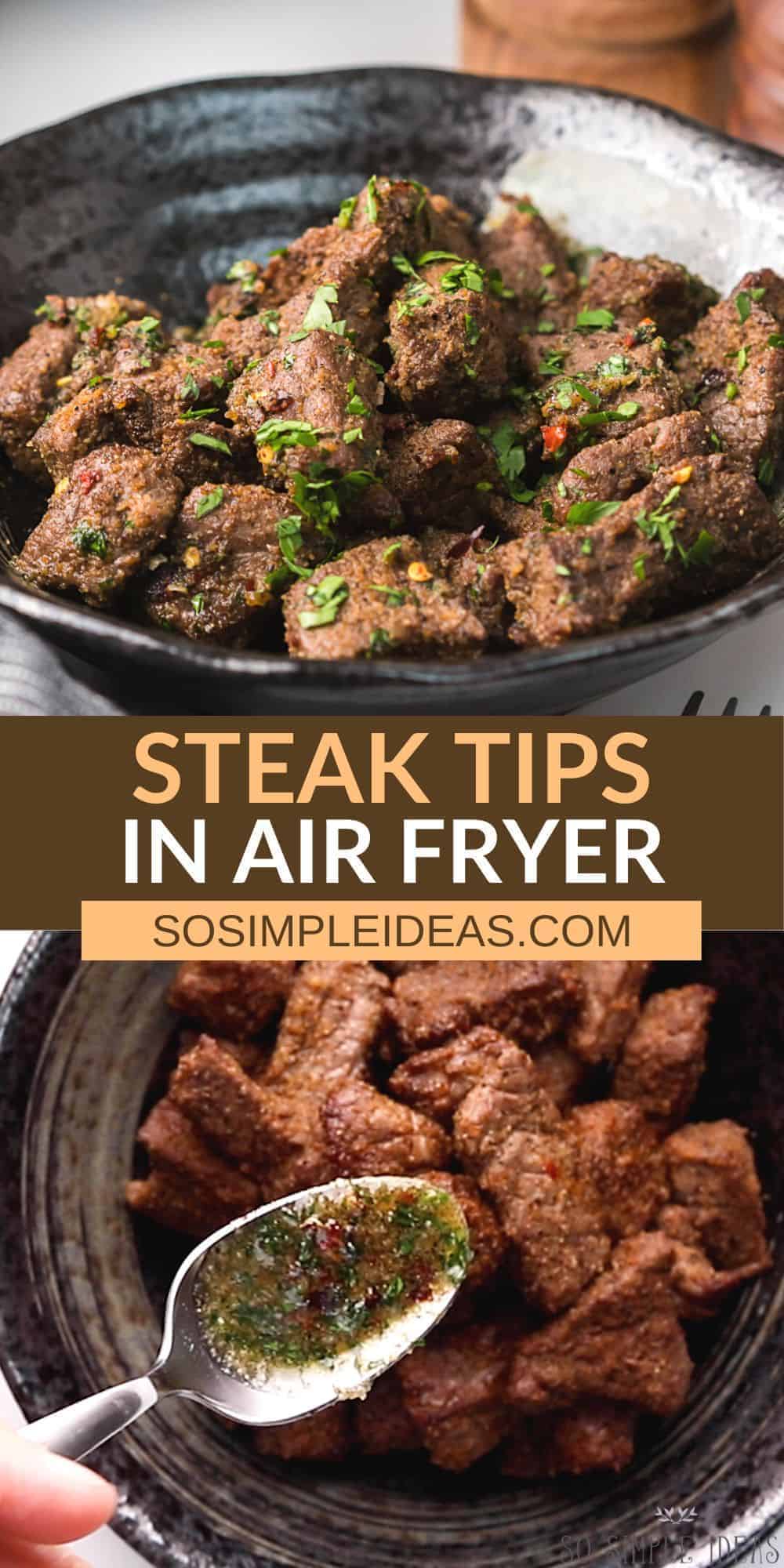 steak tips in air fryer pinterest image.