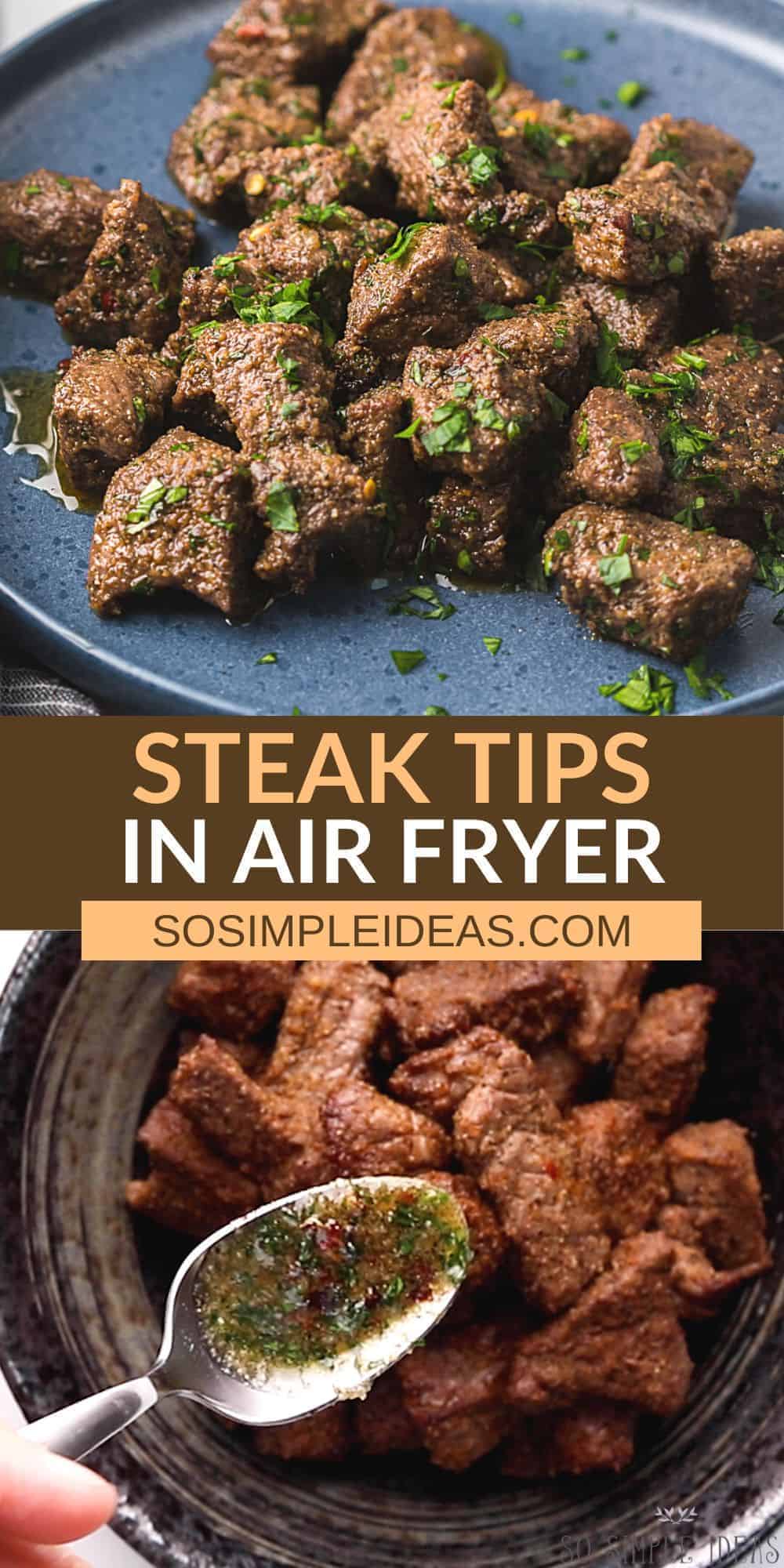 steak tips in air fryer pinterest image.