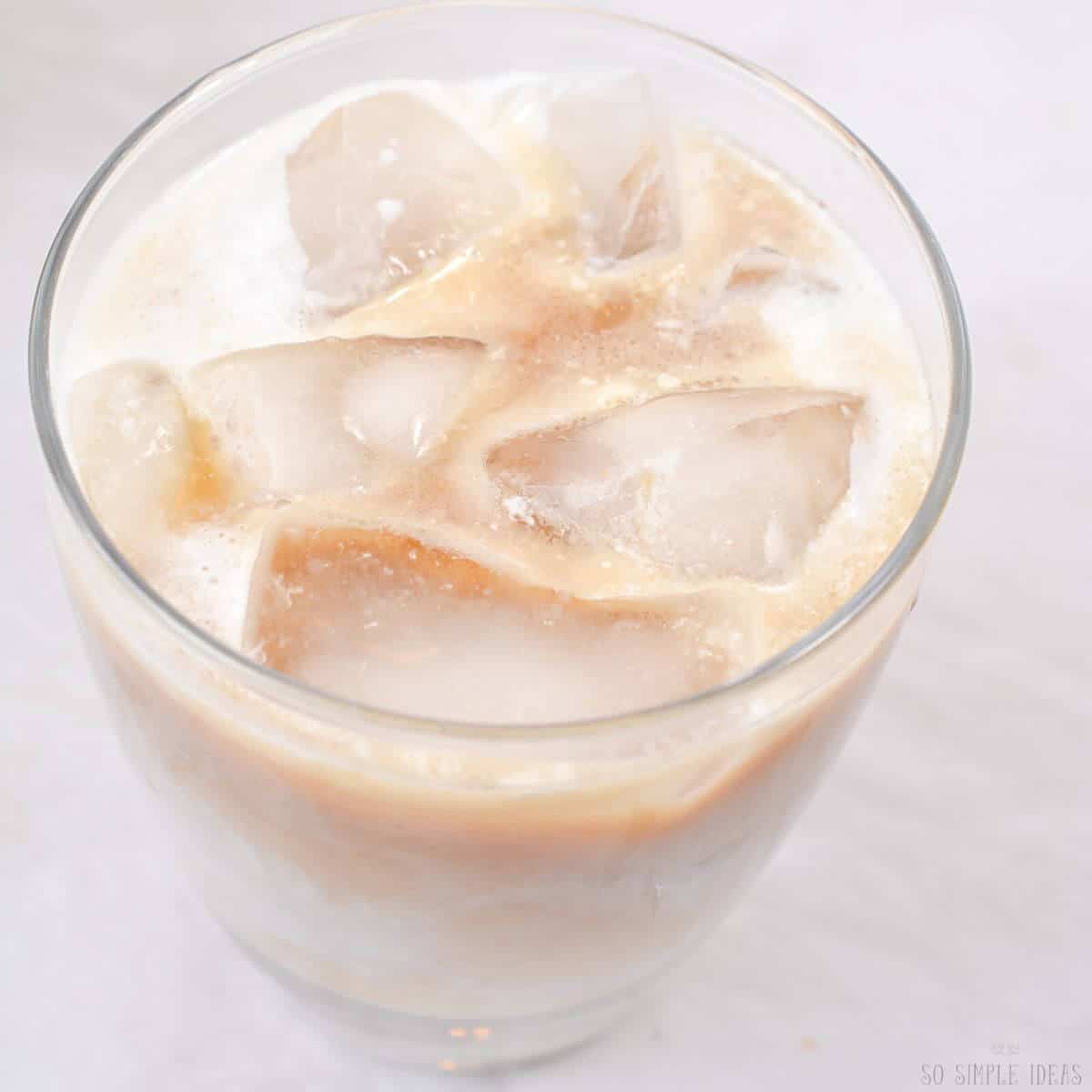 iced white chocolate mocha in glass.