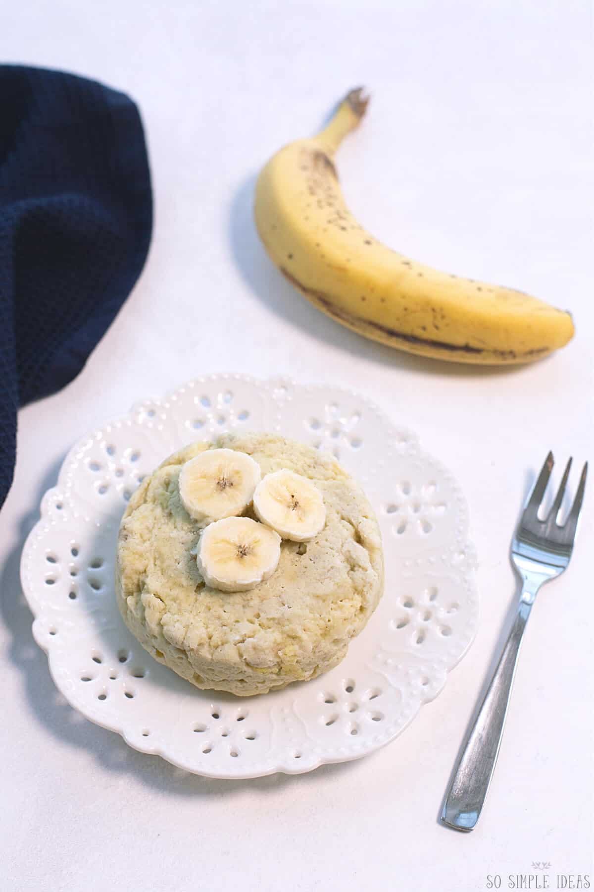 overhead view of banana mug cake.