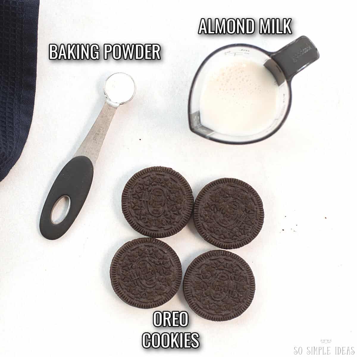 3 ingredients for oreo mug cake recipe.